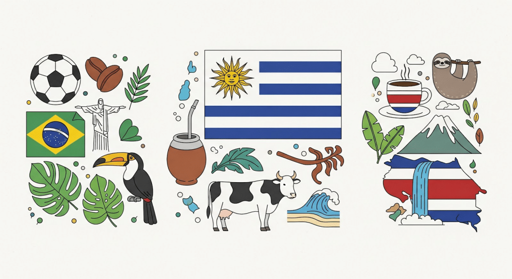 Ilustración de símbolos de Brasil, Uruguay y Costa Rica, que incluye banderas, animales, plantas, un balón de fútbol, café, un tucán, un perezoso, el Cristo Redentor, un volcán, una vaca y olas.
