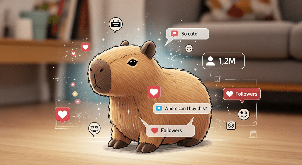 Un simpático carpincho de dibujos animados aparece en un interior rodeado de iconos de redes sociales, corazones y seguidores, lo que sugiere que es una sensación en Internet. Las burbujas de texto dicen "¡Qué mono!" y "¿Dónde puedo comprarlo?", con 1,2 millones de seguidores.