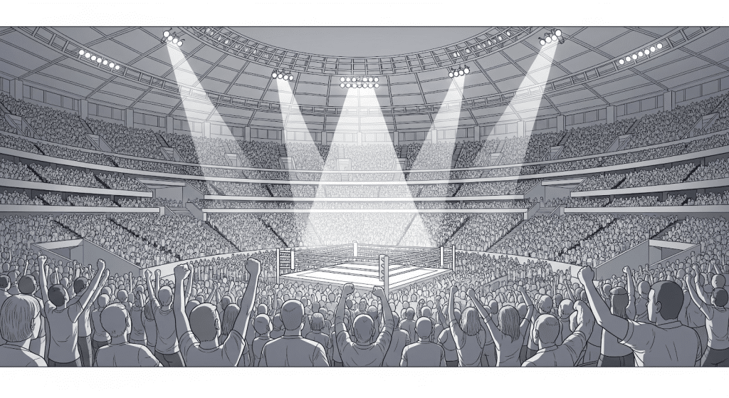 Un gran estadio repleto de aficionados animados rodea un ring de boxeo en el centro, iluminado por múltiples focos desde arriba bajo un techo abovedado.