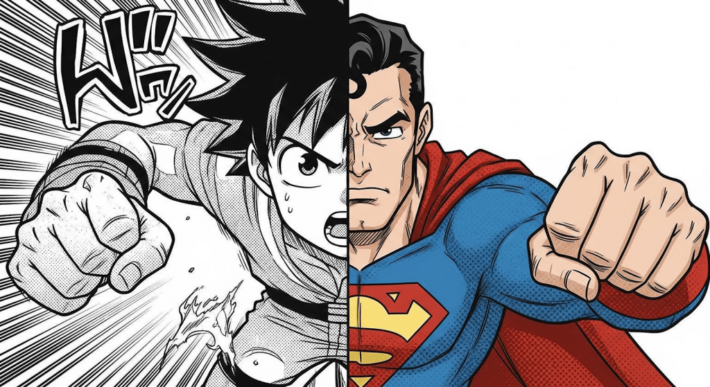 Imagen dividida de un personaje de estilo manga a la izquierda y Superman a la derecha, ambos con los puños extendidos hacia delante como si estuvieran listos para dar un puñetazo, mezclando los estilos del manga japonés y del cómic estadounidense.