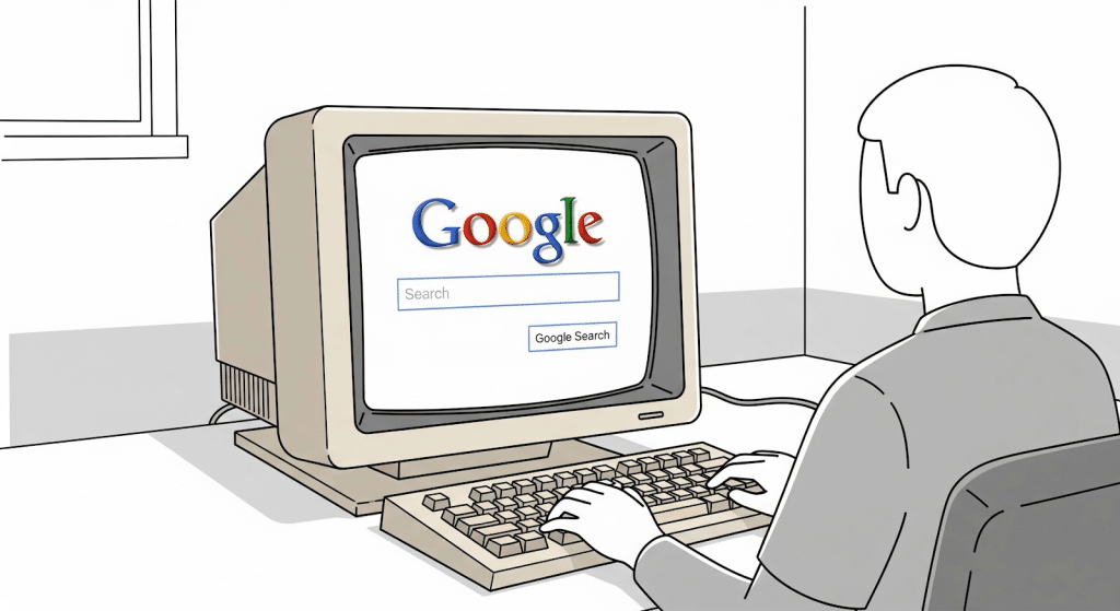 Una persona utiliza un ordenador de sobremesa antiguo para navegar por la página principal de Google en una ilustración sencilla, principalmente en blanco y negro, con sólo el logotipo de Google en color.