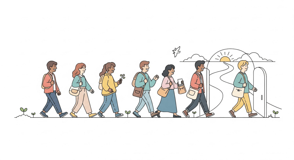 Un grupo heterogéneo de personas camina en fila hacia una puerta abierta que conduce a un sendero soleado, símbolo de progreso, oportunidad o futuro esperanzador. Algunos llevan bolsas, libros o plantas, y un pájaro sobrevuela la zona.