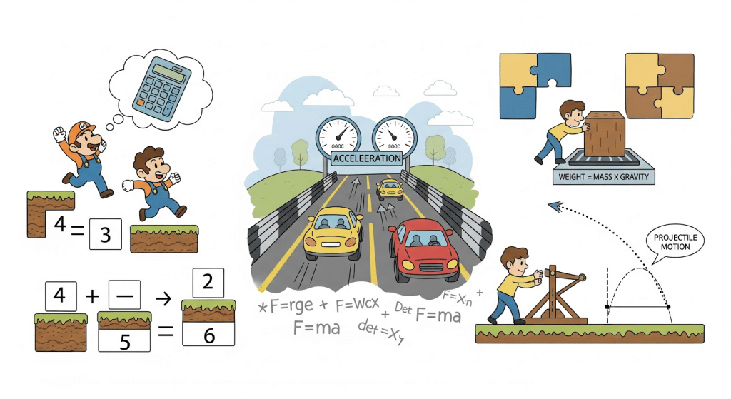 Las ilustraciones de dibujos animados muestran a los niños aplicando las matemáticas y la física: resolviendo ecuaciones, haciendo carreras de coches con velocímetros etiquetados como aceleración, levantando una caja etiquetada como peso = masa x gravedad, y lanzando un objeto con una catapulta.