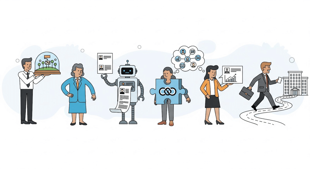 Ilustración de diversos empresarios con un robot, piezas de puzzle, documentos y gráficos, que representan el trabajo en equipo, la tecnología, la colaboración y el progreso hacia un edificio de fondo.