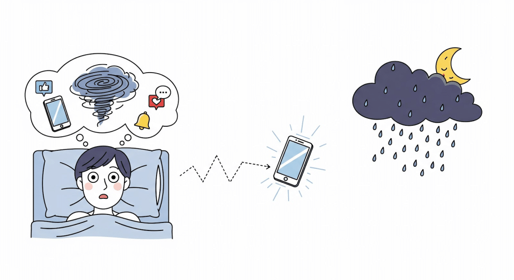 Una persona preocupada se tumba en la cama por la noche, imaginando un remolino de notificaciones de redes sociales. Su teléfono brilla cerca, con la lluvia y la luna fuera, sugiriendo ansiedad e insomnio causados por el uso del teléfono.