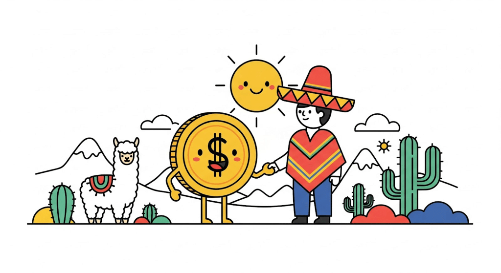 Una persona con sombrero y poncho estrecha la mano de una sonriente moneda de dibujos animados. En el fondo, bajo un cielo soleado, hay una llama, cactus y montañas. La escena está dibujada con un estilo lúdico y colorista.
