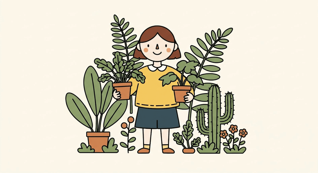 Ilustración de dibujos animados de una persona sonriente que sostiene dos macetas rodeada de otras plantas, cactus y flores. El fondo es claro, dando un ambiente alegre y de jardinería.