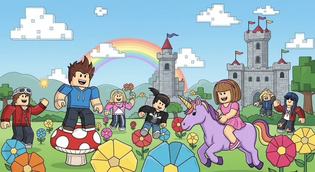 Dibujos animados de personas montando un unicornio y otros juguetes.