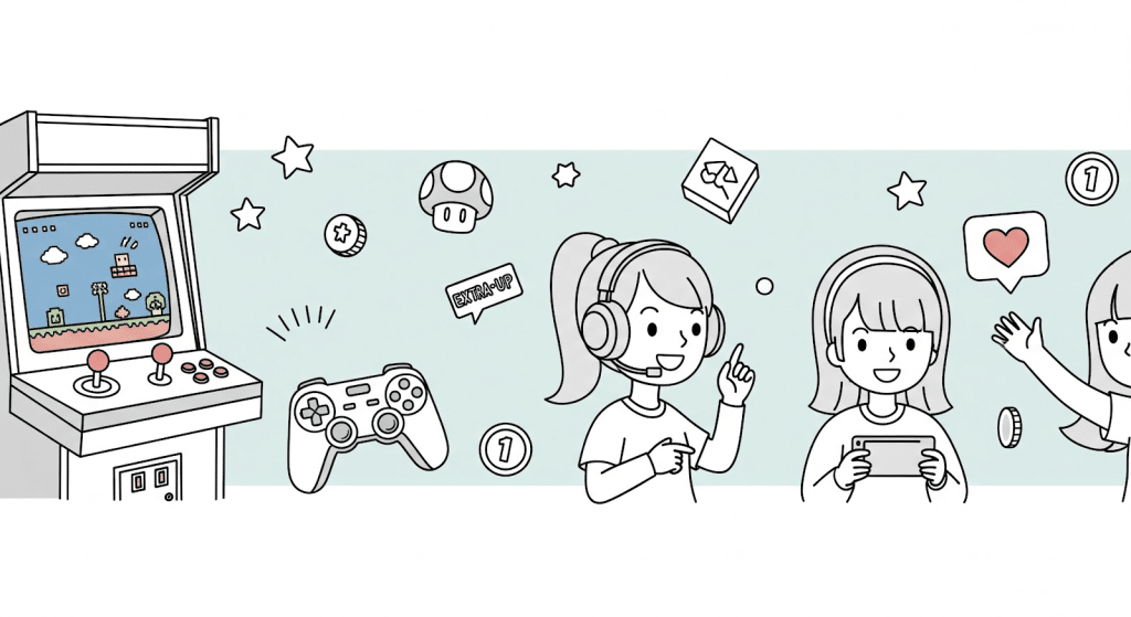 Una ilustración en blanco y negro muestra una máquina recreativa, un mando de juego y dos chicas -una con auriculares y hablando, la otra con una consola portátil- rodeadas de iconos y símbolos de videojuegos sobre un fondo azul.