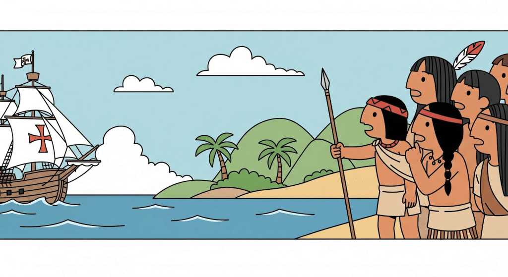 Un grupo de indígenas observa en una playa cómo un gran velero europeo con una cruz en su vela se acerca a la orilla, con palmeras y colinas al fondo.