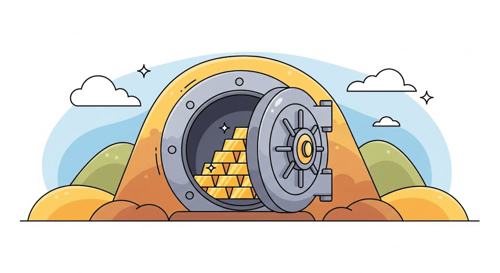 Una gran caja fuerte llena de lingotes de oro apilados se encuentra en un paisaje de colinas bajo un cielo azul con nubes. La puerta de la caja fuerte está abierta y en su interior se ve oro reluciente.