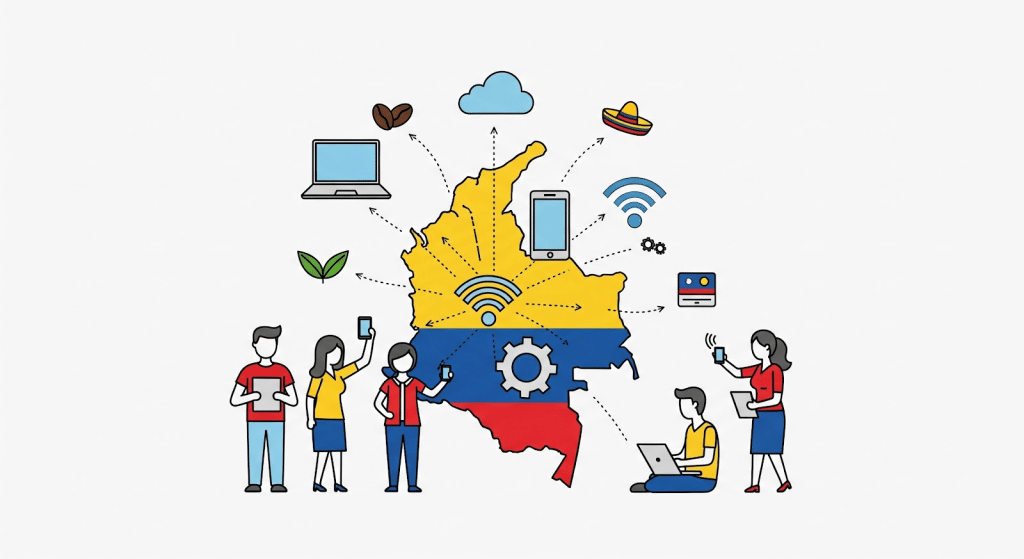 Mapa ilustrado de Colombia con los colores nacionales, rodeado de iconos digitales y tecnológicos. Cuatro personas utilizan dispositivos electrónicos en la parte inferior, simbolizando la conectividad digital y el avance tecnológico.