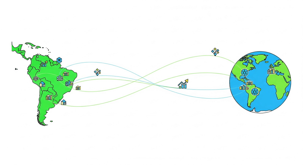 Ilustración de América Latina y otra parte del mundo conectadas por líneas curvas, con iconos que representan fábricas, bancos y casas a ambos lados, simbolizando el comercio mundial o las conexiones económicas.