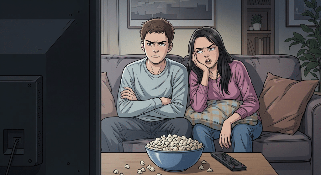 Un hombre y una mujer jóvenes están sentados en un sofá viendo la televisión, ambos con cara de fastidio. Un bol de palomitas y un mando a distancia están sobre la mesa frente a ellos. El salón es acogedor, con una iluminación suave y adornos de fondo.