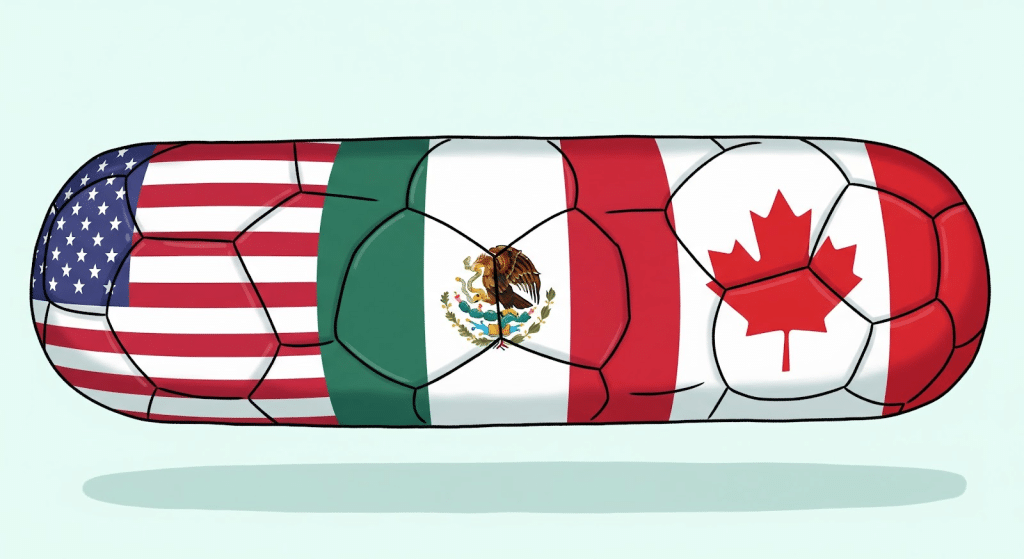 Un balón de fútbol dividido en tres secciones, cada una con la bandera de Estados Unidos, México y Canadá.