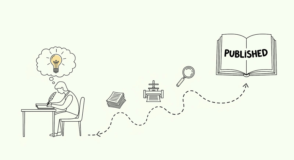 Dibujo lineal de una persona escribiendo en un escritorio con una burbuja de pensamiento, que pasa por pilas de papel, una impresora y una lupa, y termina en un libro abierto con la etiqueta PUBLICADO.