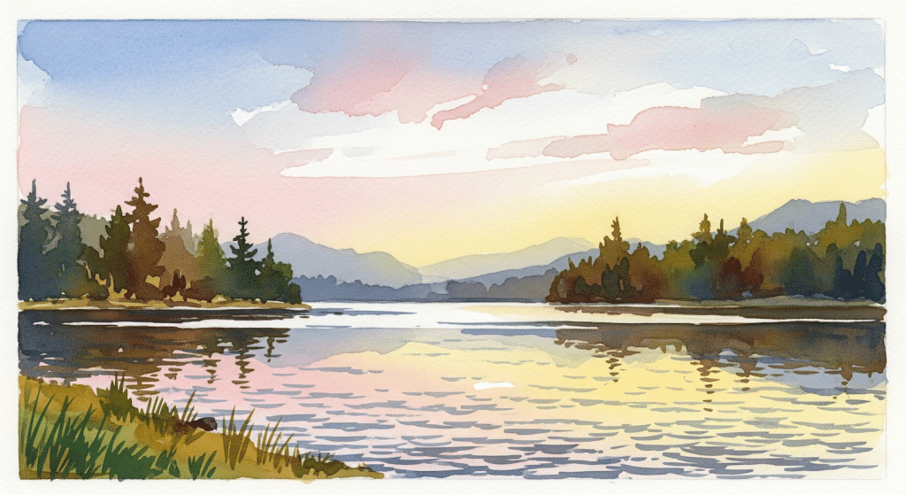 Acuarela de un tranquilo lago al atardecer, con suaves nubes pastel, montañas lejanas, pinos reflejados en el agua y una orilla cubierta de hierba en primer plano.