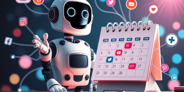 Un simpático robot hace gestos hacia un calendario de escritorio, rodeado de iconos flotantes de redes sociales como Instagram, Twitter y YouTube, que simbolizan la programación digital y la gestión de las redes sociales.