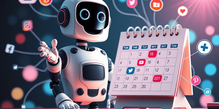 Un simpático robot hace gestos hacia un calendario de escritorio, rodeado de iconos flotantes de redes sociales como Instagram, Twitter y YouTube, que simbolizan la programación digital y la gestión de las redes sociales.