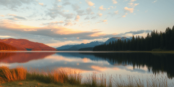 La luz dorada del sol ilumina la hierba junto a un tranquilo lago, con pinos y montañas lejanas reflejados en el agua bajo un cielo salpicado de nubes al amanecer o al atardecer.