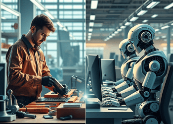 Escena dividida que muestra a un hombre trabajando con herramientas en electrónica en un taller, a la izquierda, y a robots humanoides tecleando en ordenadores en una moderna oficina, a la derecha.