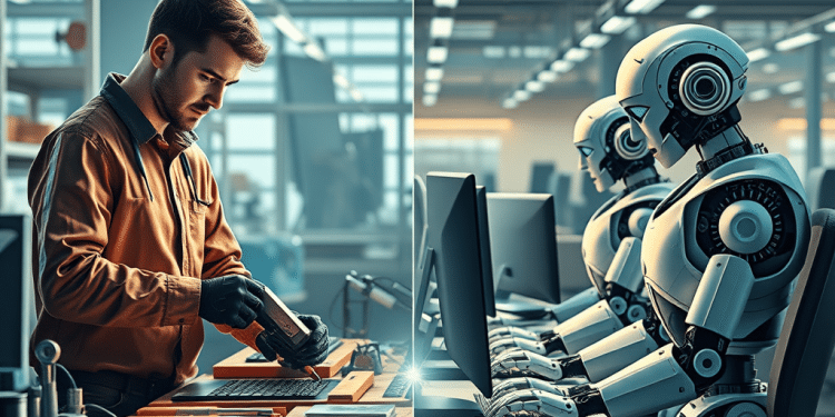 Escena dividida que muestra a un hombre trabajando con herramientas en electrónica en un taller, a la izquierda, y a robots humanoides tecleando en ordenadores en una moderna oficina, a la derecha.