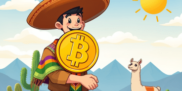 Un hombre sonriente con sombrero sostiene un gran símbolo de Bitcoin delante de él. Está en un paisaje desértico con cactus, montañas, una llama y un sol brillante en el cielo.