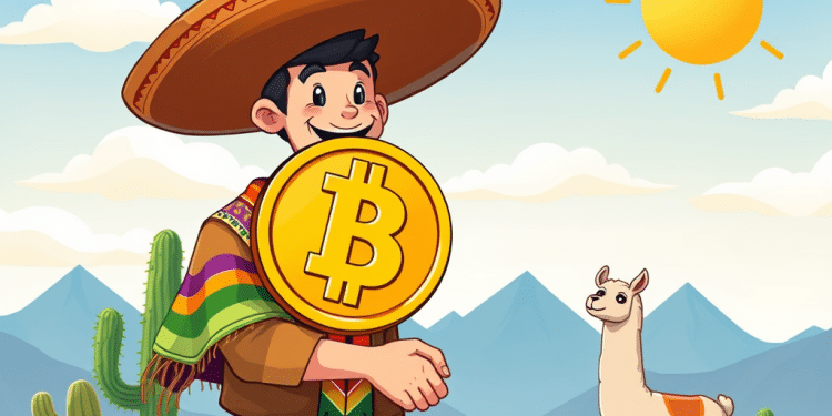 Un hombre sonriente con sombrero sostiene un gran símbolo de Bitcoin delante de él. Está en un paisaje desértico con cactus, montañas, una llama y un sol brillante en el cielo.