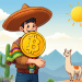 Un hombre sonriente con sombrero sostiene un gran símbolo de Bitcoin delante de él. Está en un paisaje desértico con cactus, montañas, una llama y un sol brillante en el cielo.