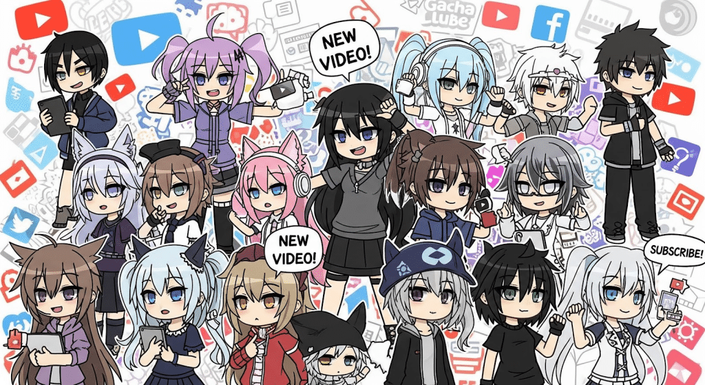 Un grupo de personajes de estilo anime con distintos colores de pelo y atuendos posan alegremente, algunos con carteles que dicen ¡NUEVO VÍDEO! y SUSCRÍBETE sobre un fondo de iconos de redes sociales como YouTube e Instagram.