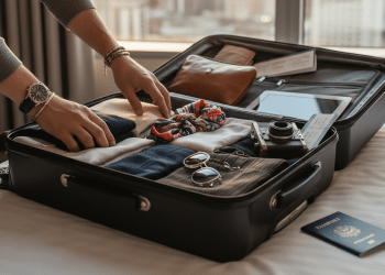 Una persona organiza ropa, un pañuelo, gafas de sol, una cámara y una tableta en una maleta abierta sobre una cama, con un pasaporte y una tarjeta de embarque cerca. Al fondo se ve un paisaje urbano a través de la ventana.