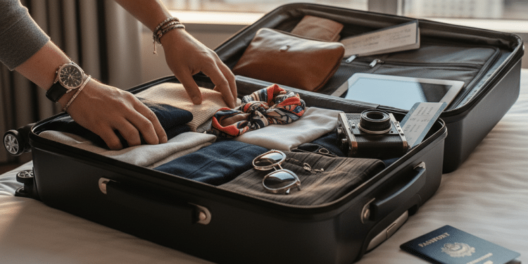 Una persona organiza ropa, un pañuelo, gafas de sol, una cámara y una tableta en una maleta abierta sobre una cama, con un pasaporte y una tarjeta de embarque cerca. Al fondo se ve un paisaje urbano a través de la ventana.