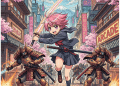 Una chica de estilo anime con el pelo rosa y una espada corre por una calle bordeada de cerezos en flor con salones recreativos y tiendas de ramen, perseguida por robots samuráis blindados. El monte Fuji se ve al fondo.