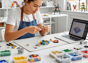 Una persona con delantal monta coloridos ladrillos de LEGO en un escritorio, rodeado de organizados contenedores de piezas de LEGO. Cerca, en un espacio de trabajo moderno y luminoso, hay un ordenador portátil con un modelo en 3D.
