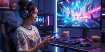 Una joven con auriculares juega a un colorido videojuego de ciencia ficción en un gran monitor curvo en una sala de juegos iluminada con neón, con aperitivos y accesorios de juego sobre el escritorio.