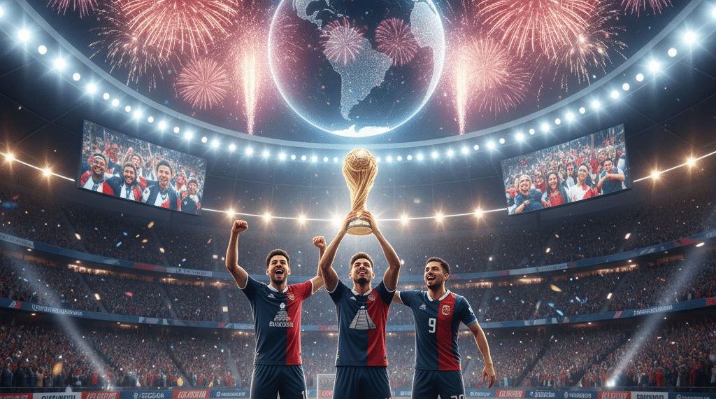 Tres jubilosos jugadores de fútbol sostienen un trofeo en un estadio abarrotado, rodeados de hinchas, confeti y fuegos artificiales. Unas pantallas gigantes y un globo terráqueo iluminado subrayan la celebración mundial.