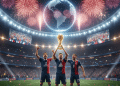 Tres jubilosos jugadores de fútbol sostienen un trofeo en un estadio abarrotado, rodeados de hinchas, confeti y fuegos artificiales. Unas pantallas gigantes y un globo terráqueo iluminado subrayan la celebración mundial.