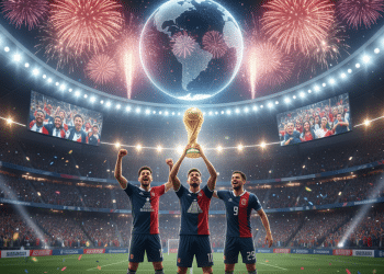 Tres jubilosos jugadores de fútbol sostienen un trofeo en un estadio abarrotado, rodeados de hinchas, confeti y fuegos artificiales. Unas pantallas gigantes y un globo terráqueo iluminado subrayan la celebración mundial.