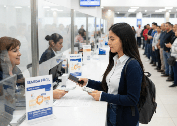 Una joven en una ventanilla bancaria entrega dinero en efectivo y un documento de identidad a un cajero detrás de un cristal. Carteles en español ofrecen servicios de remesas. Al fondo, la gente hace cola. El ambiente es ajetreado y ordenado.
