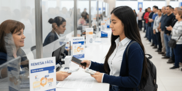 Una joven en una ventanilla bancaria entrega dinero en efectivo y un documento de identidad a un cajero detrás de un cristal. Carteles en español ofrecen servicios de remesas. Al fondo, la gente hace cola. El ambiente es ajetreado y ordenado.