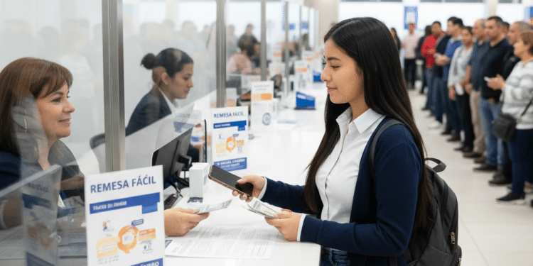 Una joven en una ventanilla bancaria entrega dinero en efectivo y un documento de identidad a un cajero detrás de un cristal. Carteles en español ofrecen servicios de remesas. Al fondo, la gente hace cola. El ambiente es ajetreado y ordenado.