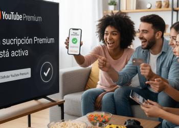 Tres amigos felices sentados en un sofá celebran mientras una pantalla de televisión muestra "Tu suscripción Premium está activa" para YouTube Premium. Una persona muestra una confirmación en su teléfono, mientras que otra sostiene una tarjeta de crédito.