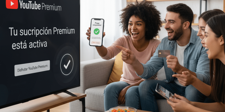 Tres amigos felices sentados en un sofá celebran mientras una pantalla de televisión muestra "Tu suscripción Premium está activa" para YouTube Premium. Una persona muestra una confirmación en su teléfono, mientras que otra sostiene una tarjeta de crédito.