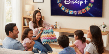 Una familia de cinco miembros se sienta en un sofá, ríen y comparten palomitas mientras ven juntos Disney+ en un acogedor salón. Una mujer sostiene una manta de colores y los niños sonríen entusiasmados.