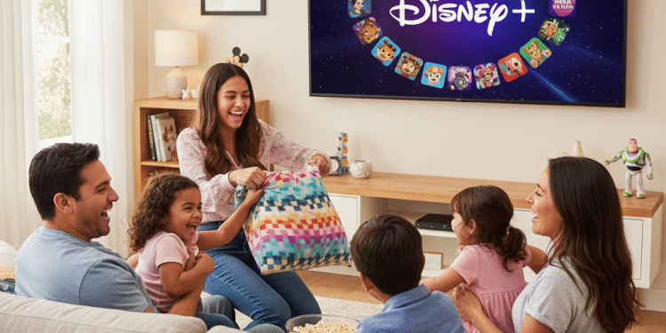 Una familia de cinco miembros se sienta en un sofá, ríen y comparten palomitas mientras ven juntos Disney+ en un acogedor salón. Una mujer sostiene una manta de colores y los niños sonríen entusiasmados.