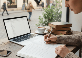 Una persona está sentada en la mesa de un café junto a una ventana, escribiendo en un cuaderno. Sobre la mesa hay un portátil abierto, libros apilados, una taza de café y un smartphone. Fuera, la gente camina por una calle adoquinada.