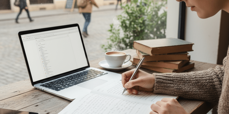 Una persona está sentada en la mesa de un café junto a una ventana, escribiendo en un cuaderno. Sobre la mesa hay un portátil abierto, libros apilados, una taza de café y un smartphone. Fuera, la gente camina por una calle adoquinada.