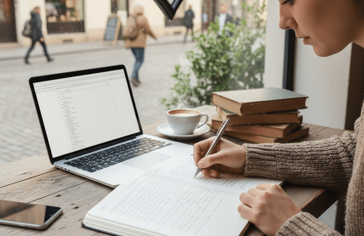 Una persona está sentada en la mesa de un café junto a una ventana, escribiendo en un cuaderno. Sobre la mesa hay un portátil abierto, libros apilados, una taza de café y un smartphone. Fuera, la gente camina por una calle adoquinada.
