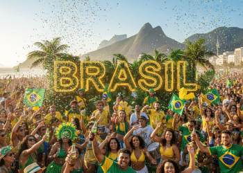 Una animada multitud celebra en Brasil, vestida de amarillo y verde, ondeando banderas y rodeada de confeti. Grandes letras BRASIL iluminadas y palmeras se alzan frente a las montañas en un día soleado.