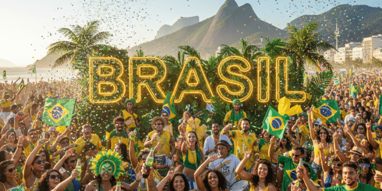 Una animada multitud celebra en Brasil, vestida de amarillo y verde, ondeando banderas y rodeada de confeti. Grandes letras BRASIL iluminadas y palmeras se alzan frente a las montañas en un día soleado.
